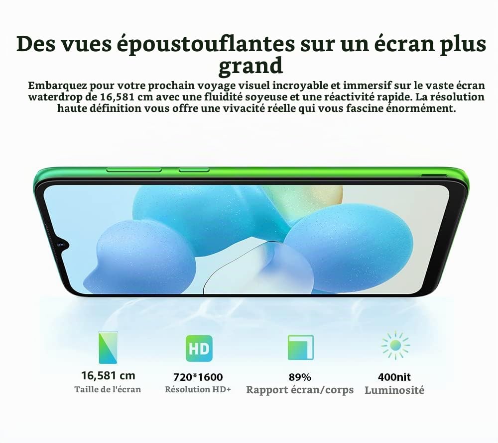 Blackview A55 Smartphone 4G sans contrat, écran HD+ de 6,53", MT6761V 2,0 GHz 3 Go + 16 Go, Appareil Photo 5 MP + 8 MP, Batterie 4780 mAh, Android 11 Dual SIM, GPS, Visage déverrouillage, Bleu
