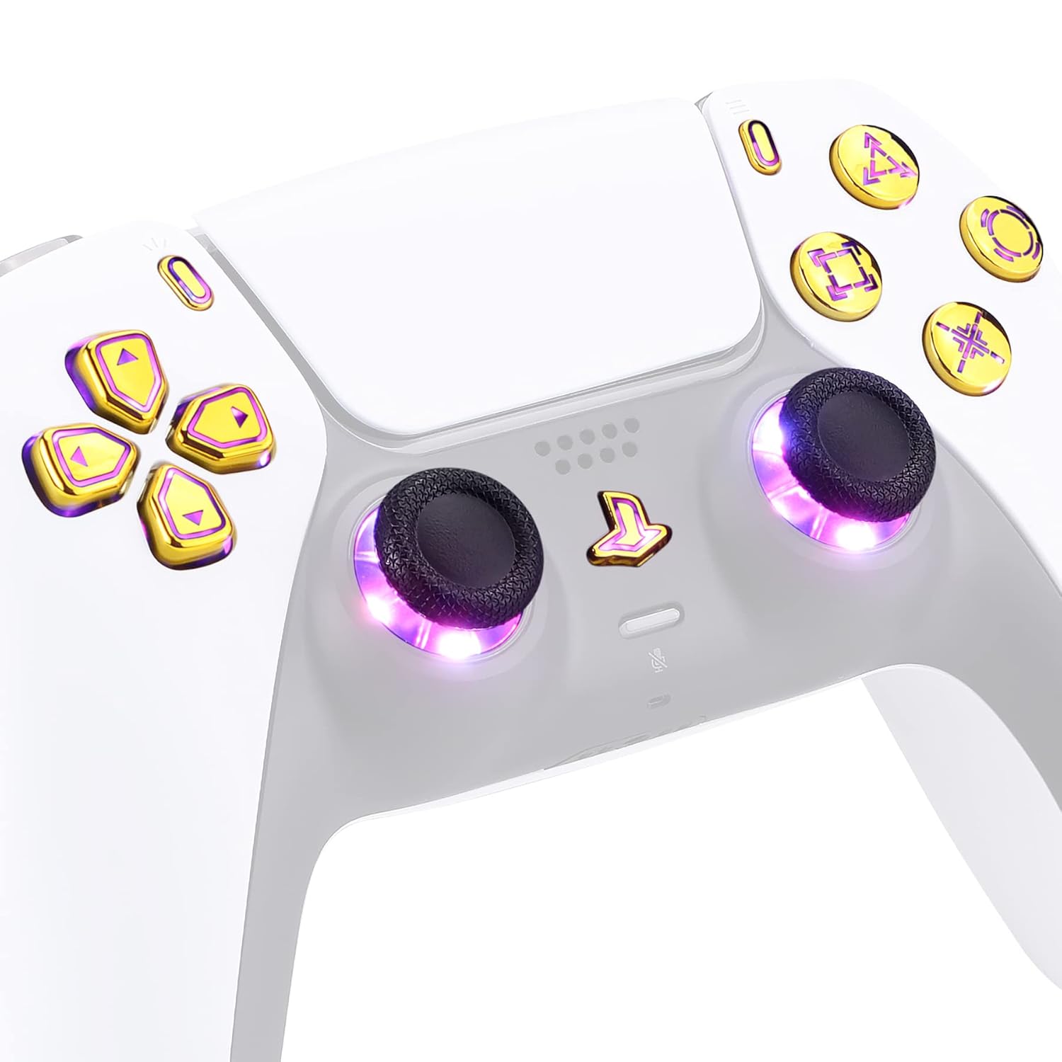 eXtremeRate Multi-Colors Luminated Dpad Thumbstick Share Home Face Buttons for PS5 Controller BDM 010 020, Chrome Gold Classical Symbols Buttons DTF V3 LED Kit for PS5 Controller - Without Controller