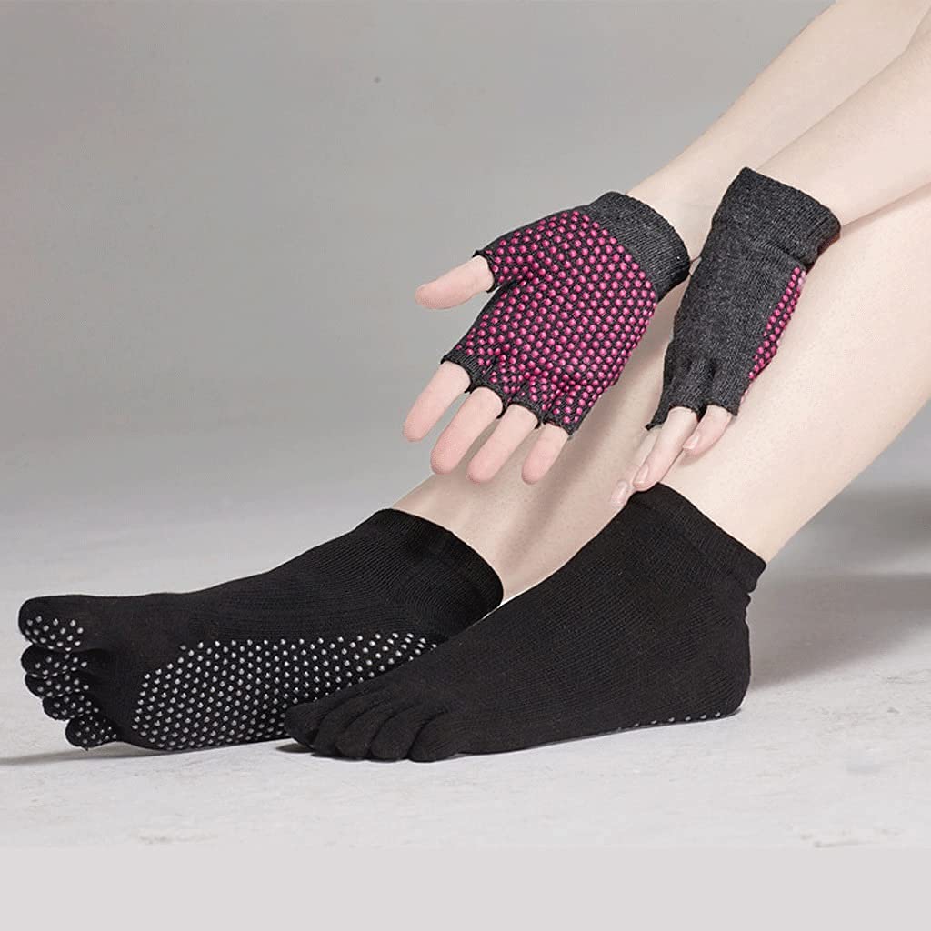 GHCXY Handschuhe, Damen Yoga Socken Handschuhe Set 1 Paar Socken + 1 Paar Handschuhe Fünf Zehensocken + Halbfingerhandschuhe Für Fitness Pilates 
