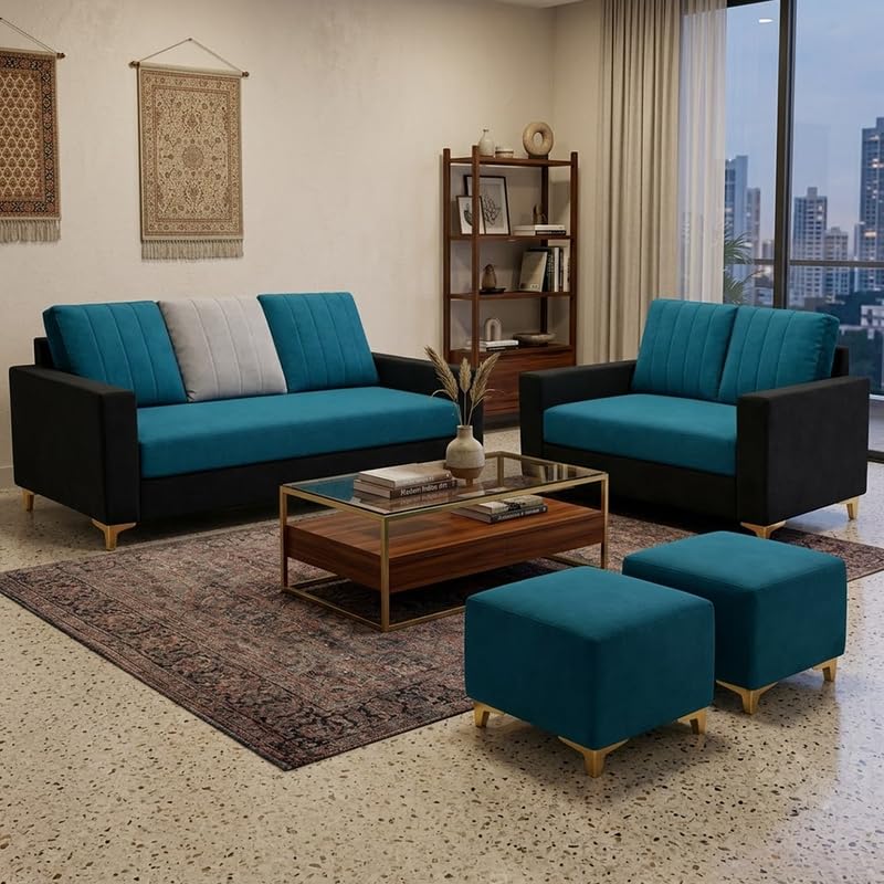Image of Hendrick Plush Velvet 3 Seater + 2 Seater Sofa Set with 2 Ottoman | Silken Velvet Upholstery | Golden Legs | Designer Set for Living Room & Office Spaces (Black, Aqua Blue & Light Grey)