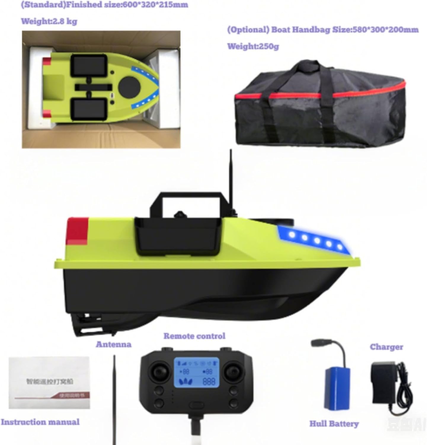 RC Fishing Boat 52W 5.91ft/s Bait Boat High Speed RC Fishing Bait Boat for Ocean Lake Fishing, 600M Range 99 Points, with 1*5200mAh Lithium Battery, 4.4lbs Load, Cruise Control (Green(no light strip))
