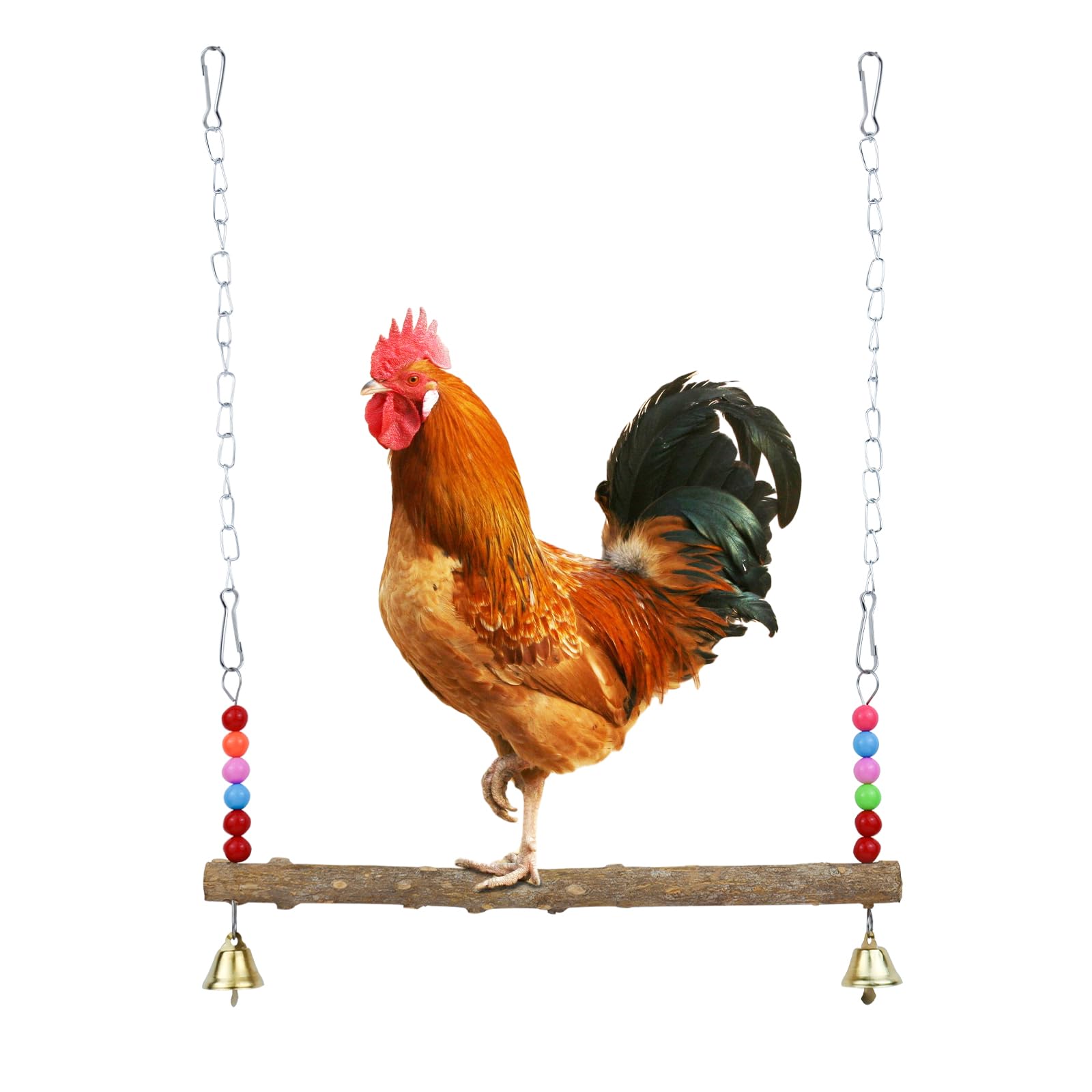 LuckyOpt Chicken Swing, Natural Wooden Hanging Swing Toys Chicken Coop Accessories with Bell and Beads