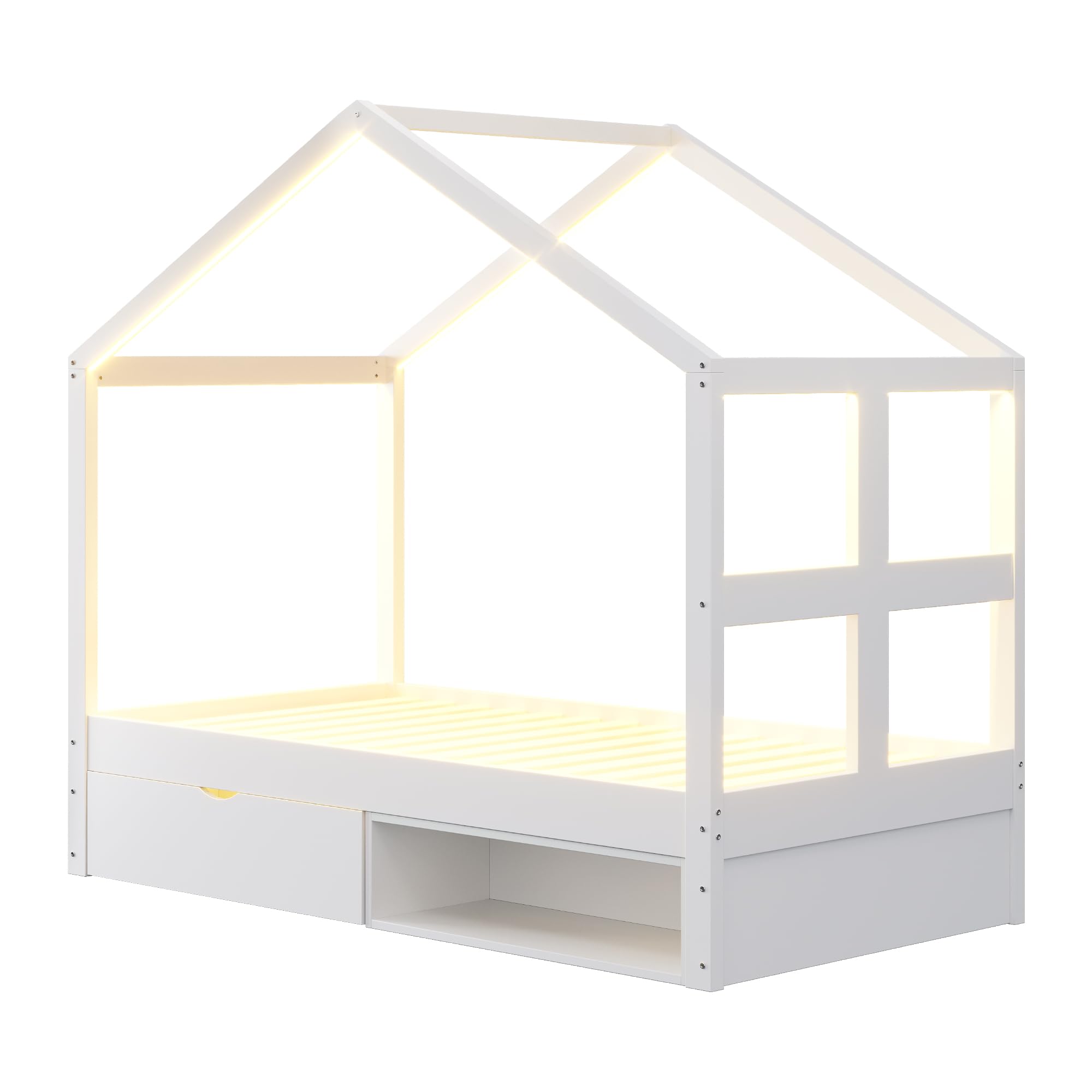 Letto in legno 90 x 190 cm, con cassetti e piccola scarpiera, con illuminazione a LED multicolore, rete a doghe, letto singolo, letto per ragazzi (bianco)