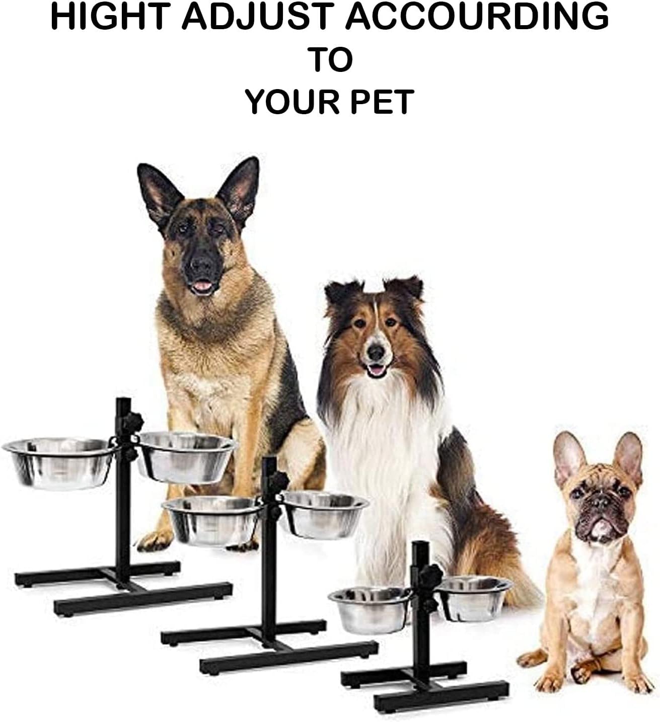 Mangeoire INOX + Support Hauteur Réglable, Mangeoire en Acier Inoxydable, Porte-gamelles avec gamelles réglable - idéal pour Chiens Grands ou Vieux (Noir)