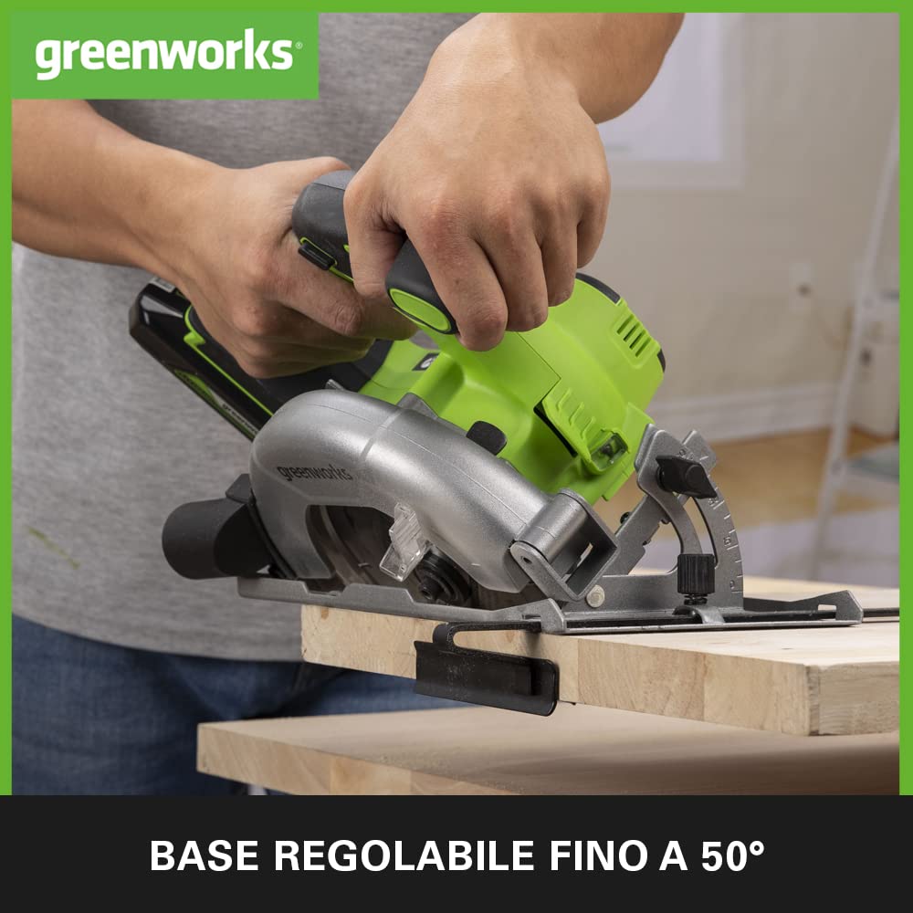 Greenworks 24V GD24KSK2 Sega Circolare a Batteria, Motore Brushless 4800 giri/min, Lama Ø165 x Ø20 mm, Profondità di taglio: 67 mm, con Batteria 2Ah e Caricabatterie
