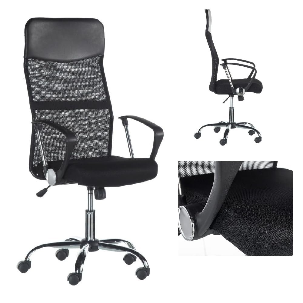 DUPI Silla de Escritorio Meeting con Ruedas | Ergonómica con Respaldo de Malla | Giratoria 360º y Altura Ajustable | Acolchado 6 cm y Reposabrazos | Negro