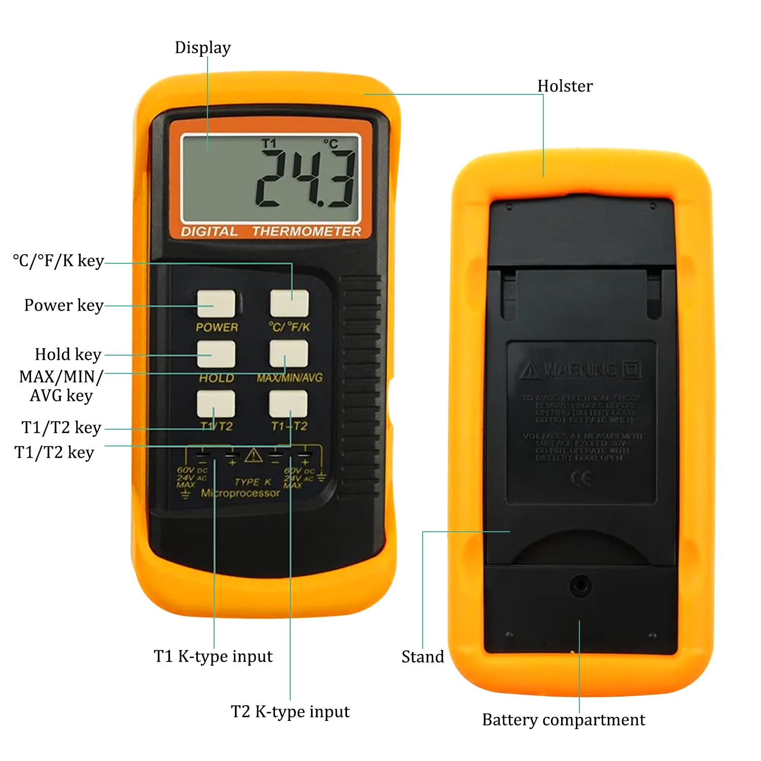 Termómetro de termopar tipo K, probador de termopar de doble canal (-58 ~ 1,300.0 °C) Medidor de escala Kelvin de temperatura de alta precisión con 2 abrazaderas de temperatura y 2 sondas de termopar