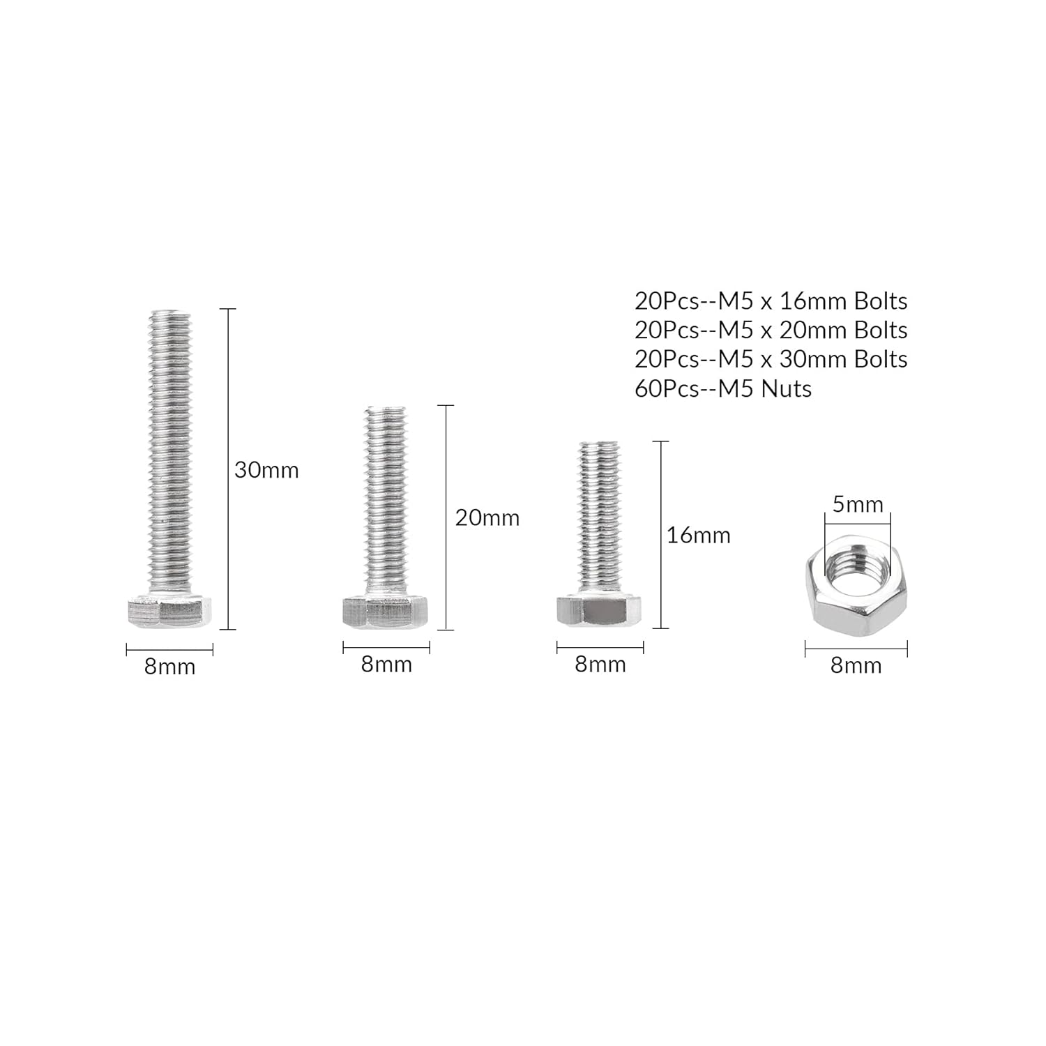 120PCS M5 Hex Bolts and Nuts Set 304 Stainless Steel Machine Screw