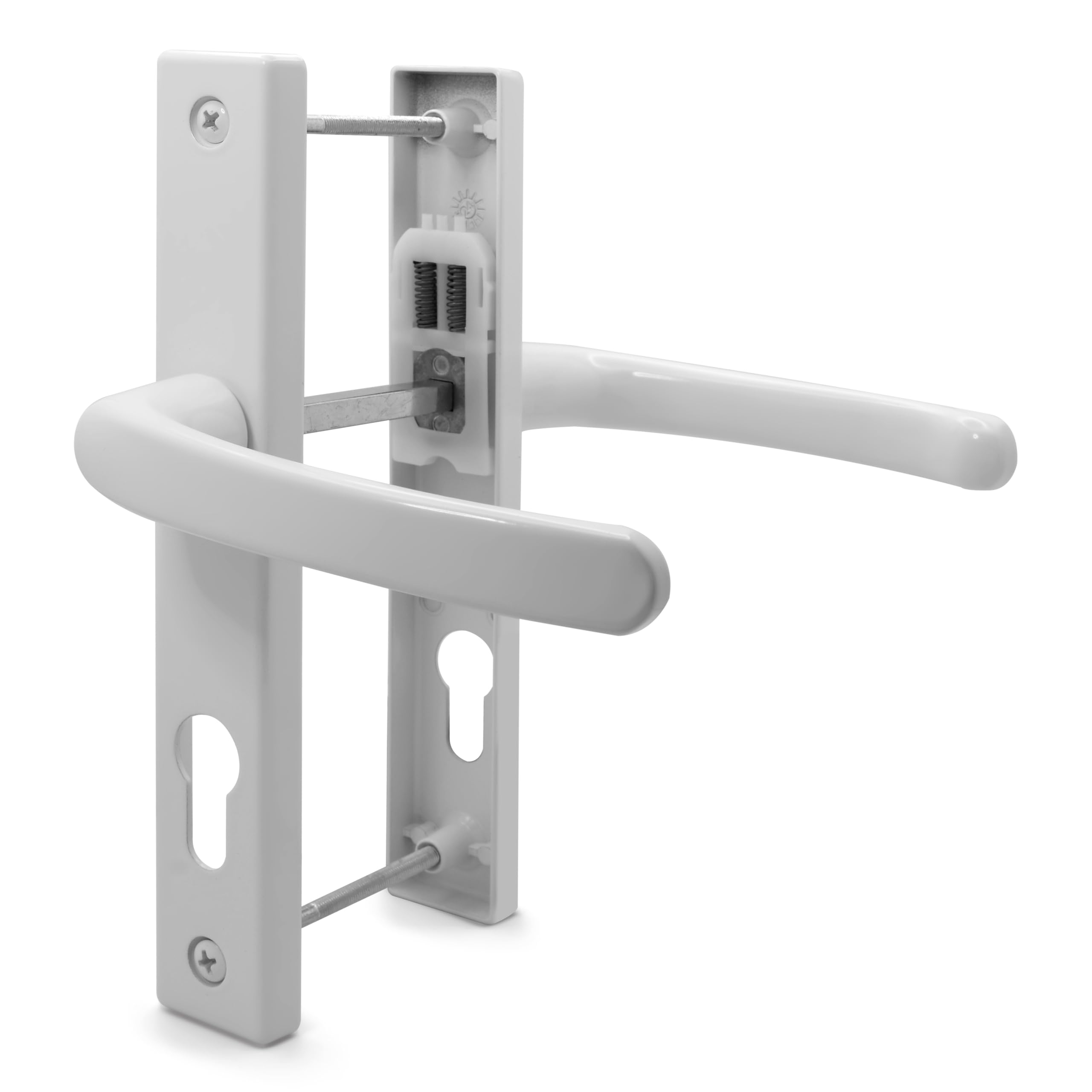 TSS UPVC Door Handle Set, 70mm PZ (Centres), 7mm Spindle Width, Lever/Lever, Screw to Screw 180mm with Backplate 210mm x 32mm - Replacement PVC Door Handle (White)