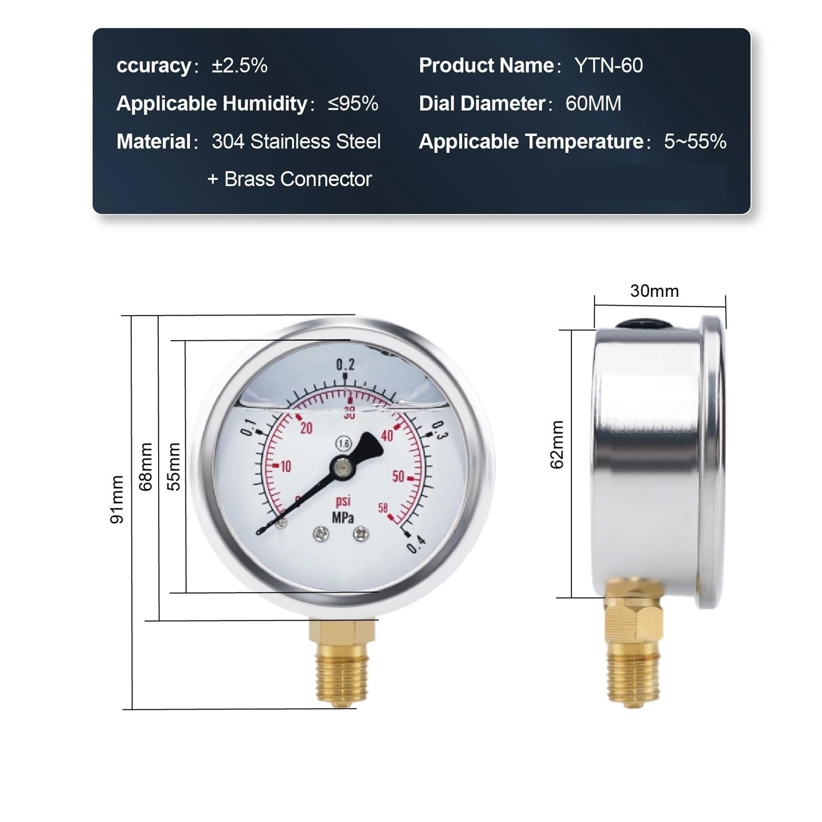 Digitales Manometer, YTN60 hydraulisches Manometer, digital, Edelstahl, Doppelskala, PSI, Vakuum, Öl, Wasser(0-2.5Mpa)