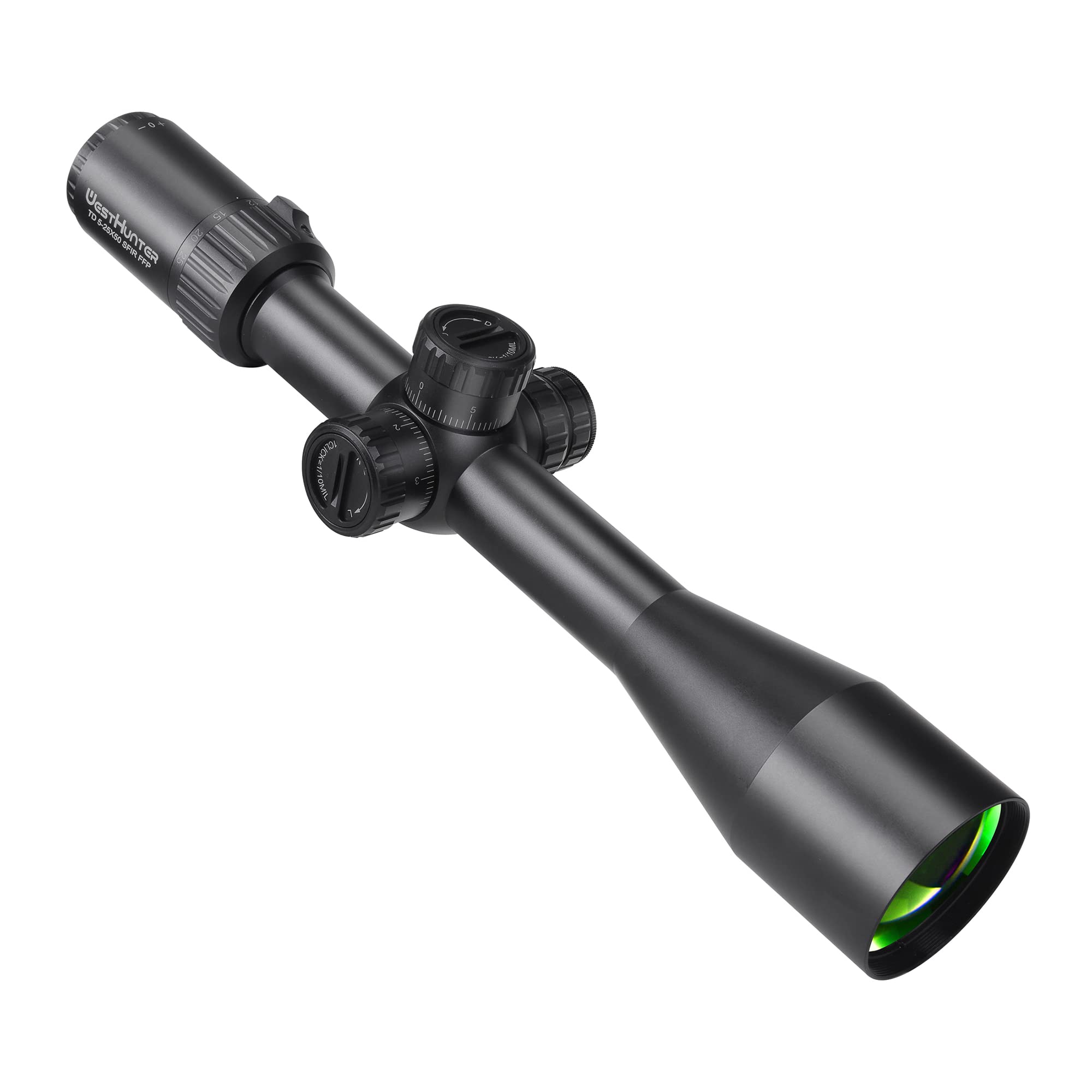 WestHunter Optics TD 5-25x50 SFIR FFP Mira Telescópica, Tubo 30mm Primer Plano Focal, Iluminación Roja, Precisión 1/10 MIL, Visor Competición - Indicado Únicamente para Actividades Deportivas