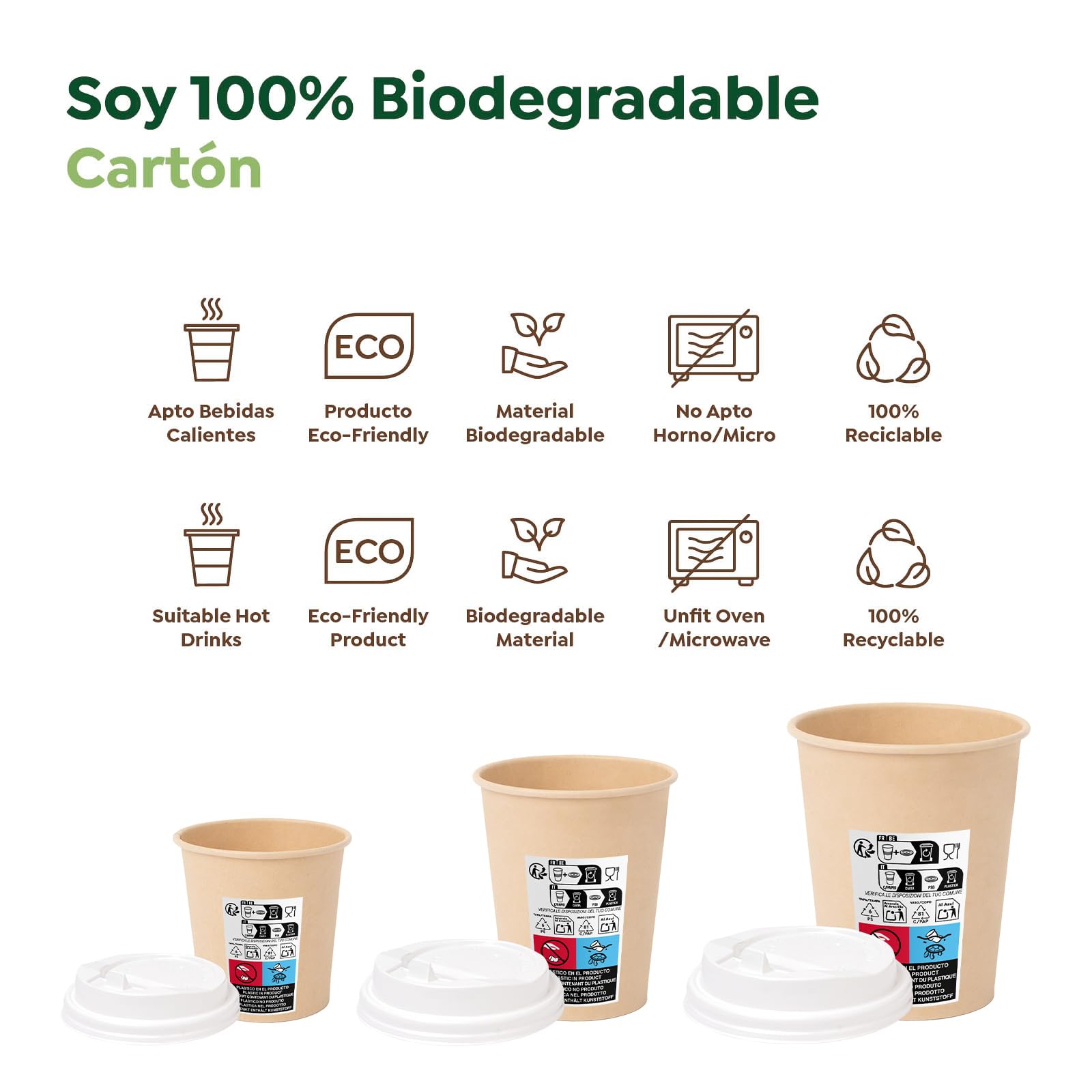 100 Vasos Cartón Kraft + Tapa Blanca - 200 cc (7 oz) - Vasos Desechables para Café para Llevar - Reciclables - Apto Alimentos Calientes - TAKE AWAY