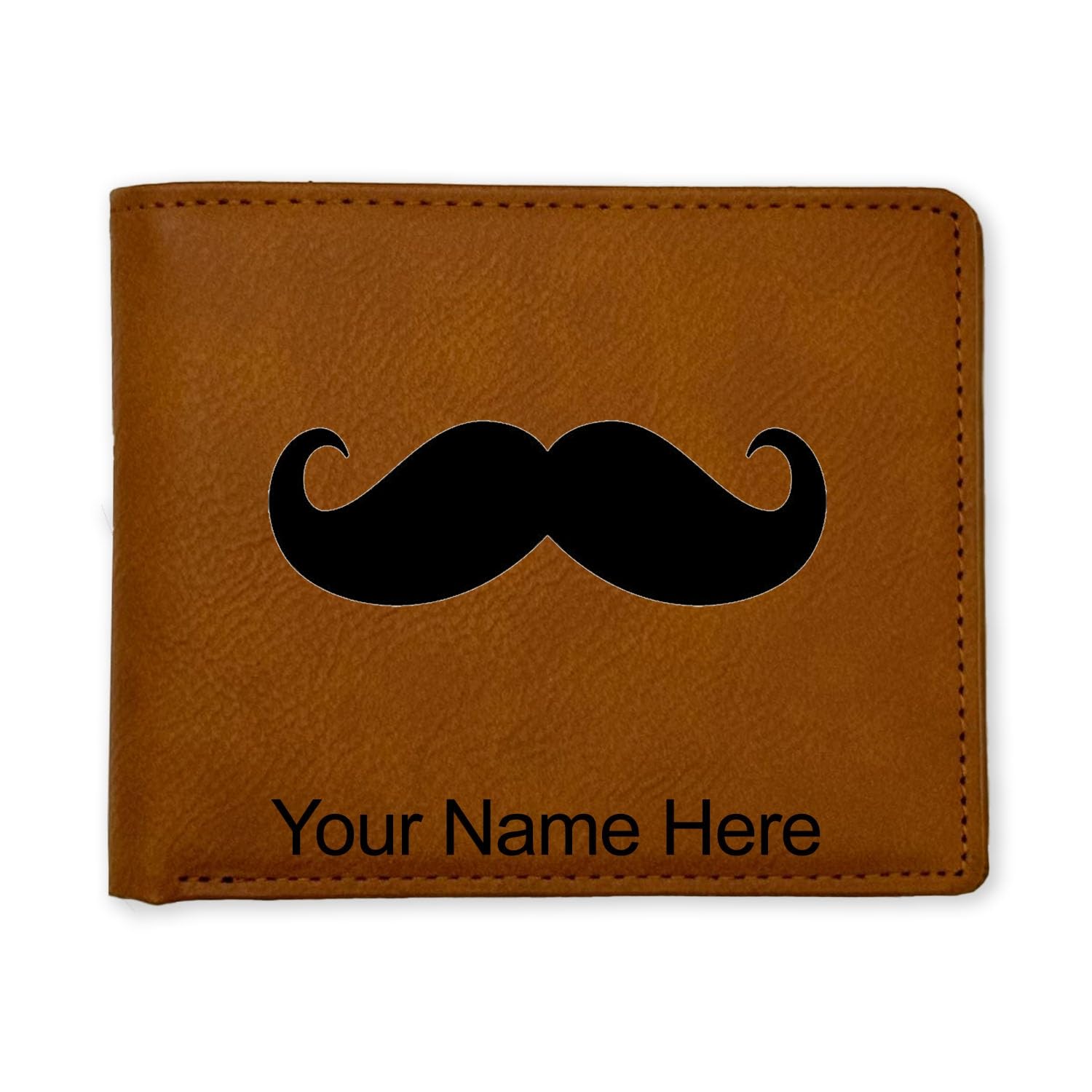LaserGram Faux Leather Bi-Fold Wallet, Mustache, Personalized Engraving Included (Dark Brown)