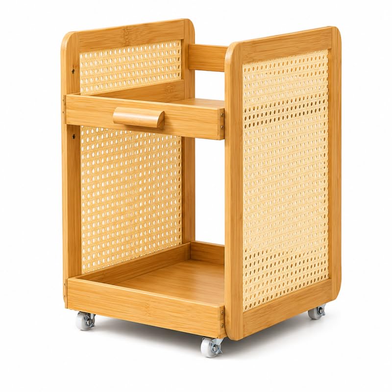 Homero Bamboo Side Table with Wheels, 2 Layer Adjustable Side Cabinet, Bedside Table with Storage Shelf, Rolling Nightstand Organizer for Bedroom, Living Room & Office-image-22