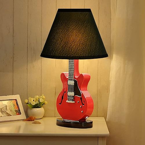 Aeyee Bonita lámpara de mesa de guitarra con pantalla de tela lámpara decorativa de mesita de noche elegante y pequeña luz nocturna de dibujos