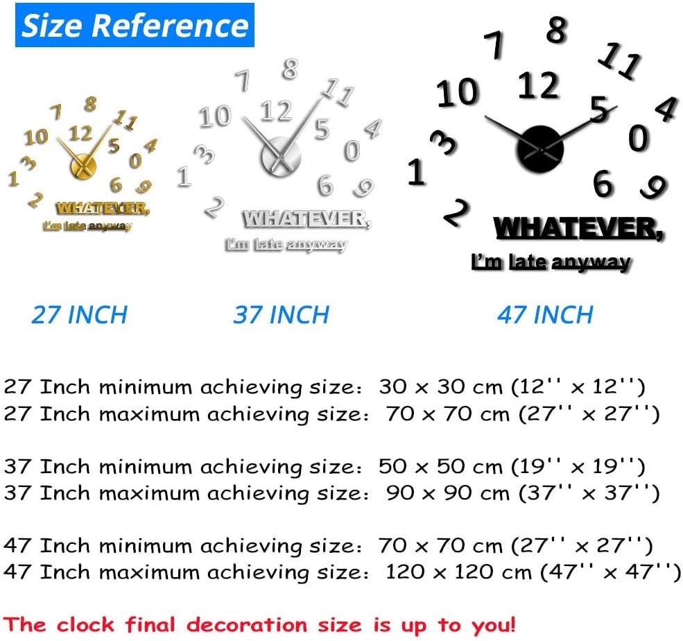 XDG Whatever I'm Late Anyway Inspirational Quote Wall Art Large Numbers DIY Wall Clock Living Room Wall Watch Procrastinators Gifts(Silver,47inch)