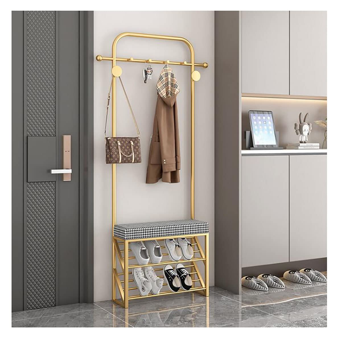 MYUYEE Clothes Rack, Hanging Shelves, Freestanding Clothes Rack With 8 Hooks, Wardrobe With Shoe Rack And Bench, Hallway Tree, Hat, Handbag, Coat Hanger For Narrow Hallways And