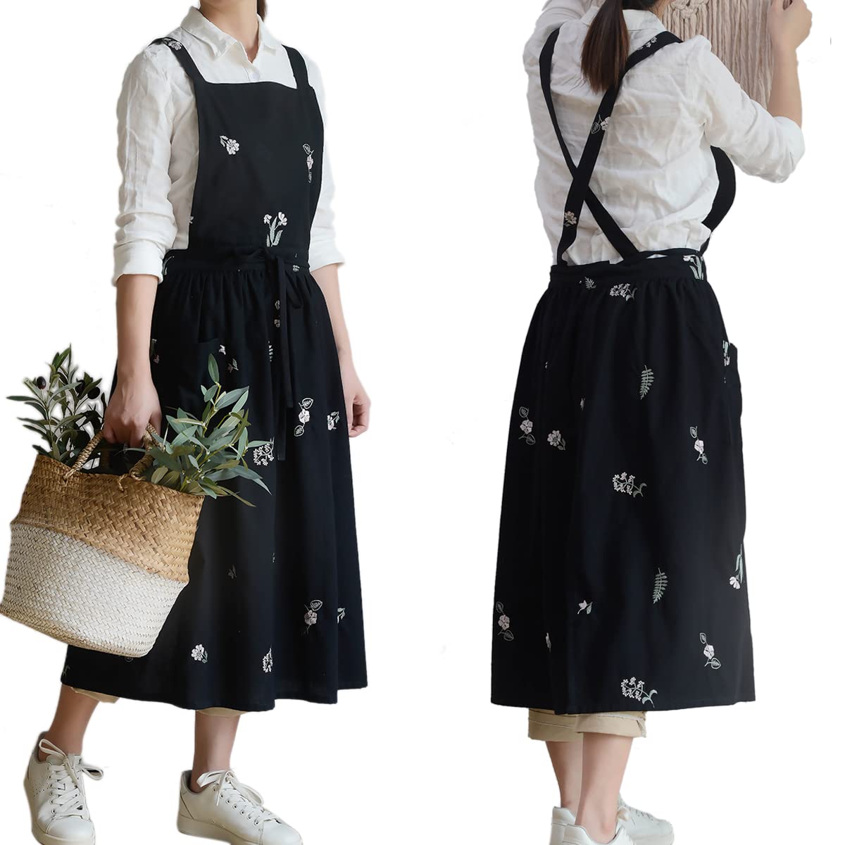 NEWGEMWaterproof Cotton Kitchen Cooking Pinafore Apron Dress with Pockets for Women Gardening Painting