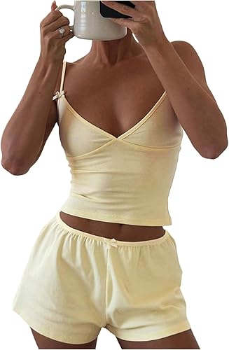 Verdusa Women's 2 Piece Outfits Bow Deep V Neck Camisole Tops with Shorts Going 