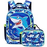 WAWSAM Shark Backpack Set for Boys - Boys Backpack with Lunch Box for Kids School Sackpack Insulated Lunch Bag Students Bookbag Lunchbox Kindergarten Primary Elementary Shoulder Backpack