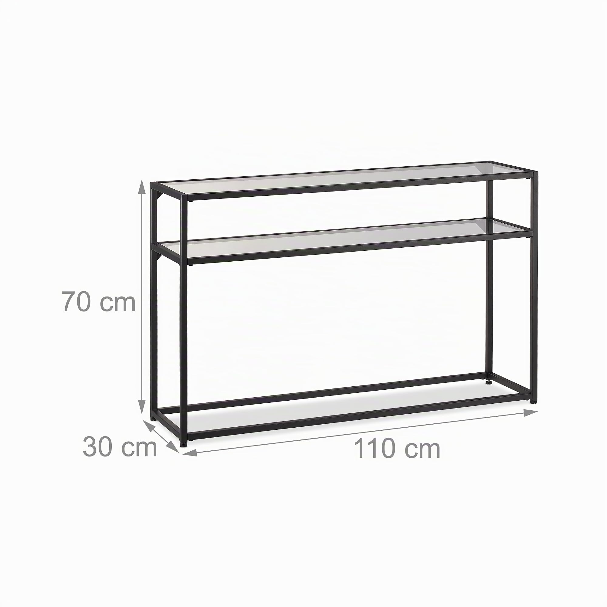 Relaxdays Consola Recibidor Cristal, 2 Tableros, Mesita Entrada, 70x110x30 cm, Pasillo, Metal, Vidrio Templado, Negro
