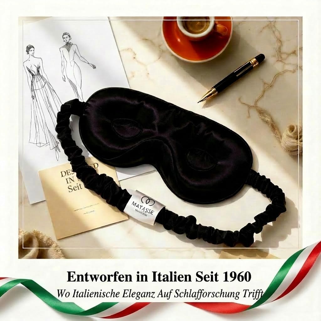 MATASSE Schlafmaske Seide 3D Aus 22 Momme Maulbeerseide Klasse 6A, Seiden Schlafmaske Mit Konturierten Augenmulden Für Damen Und Herren, Italienisches Design, Farbe: Schwarz
