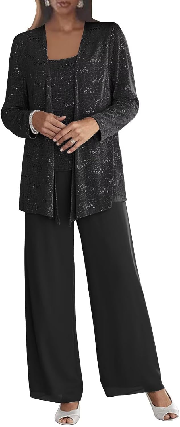 3 Pieces Chiffon Mother of The Bride Pant Suits for Wedding Sequin Grandmother of The Bride Pant Suits with Jacket