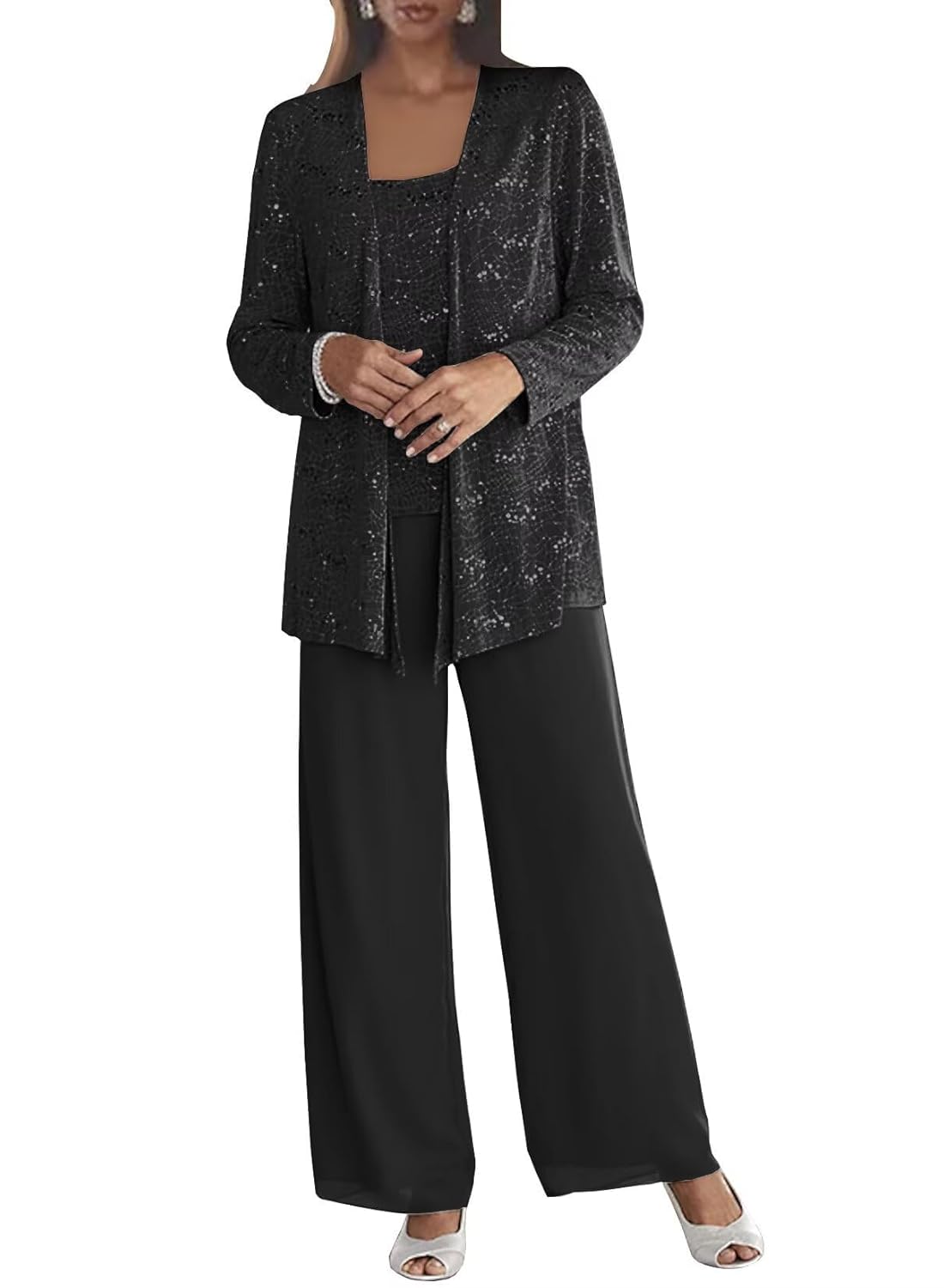 3 Pieces Chiffon Mother of The Bride Pant Suits for Wedding Sequin Grandmother of The Bride Pant Suits