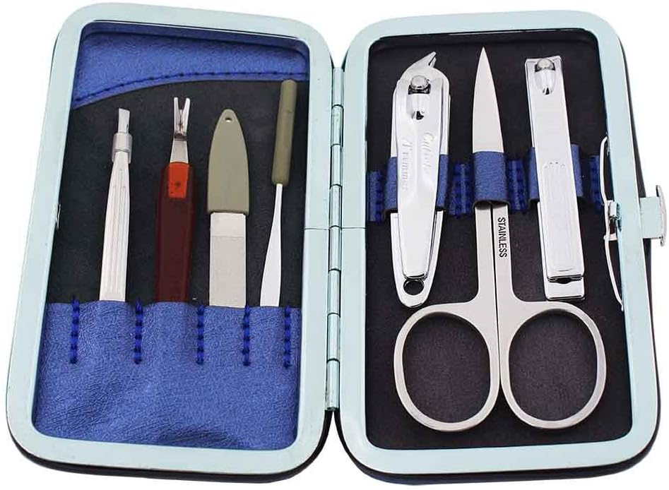 Liangery Portable Manicure Pedicure Nail Care Kit Set 7pcs with Make Up Bag-Cuticle Cutter, Earpick,Nail File,Beauty Scissors,Eyebrow Clip Tweezer,Nail Clipper Trimmers