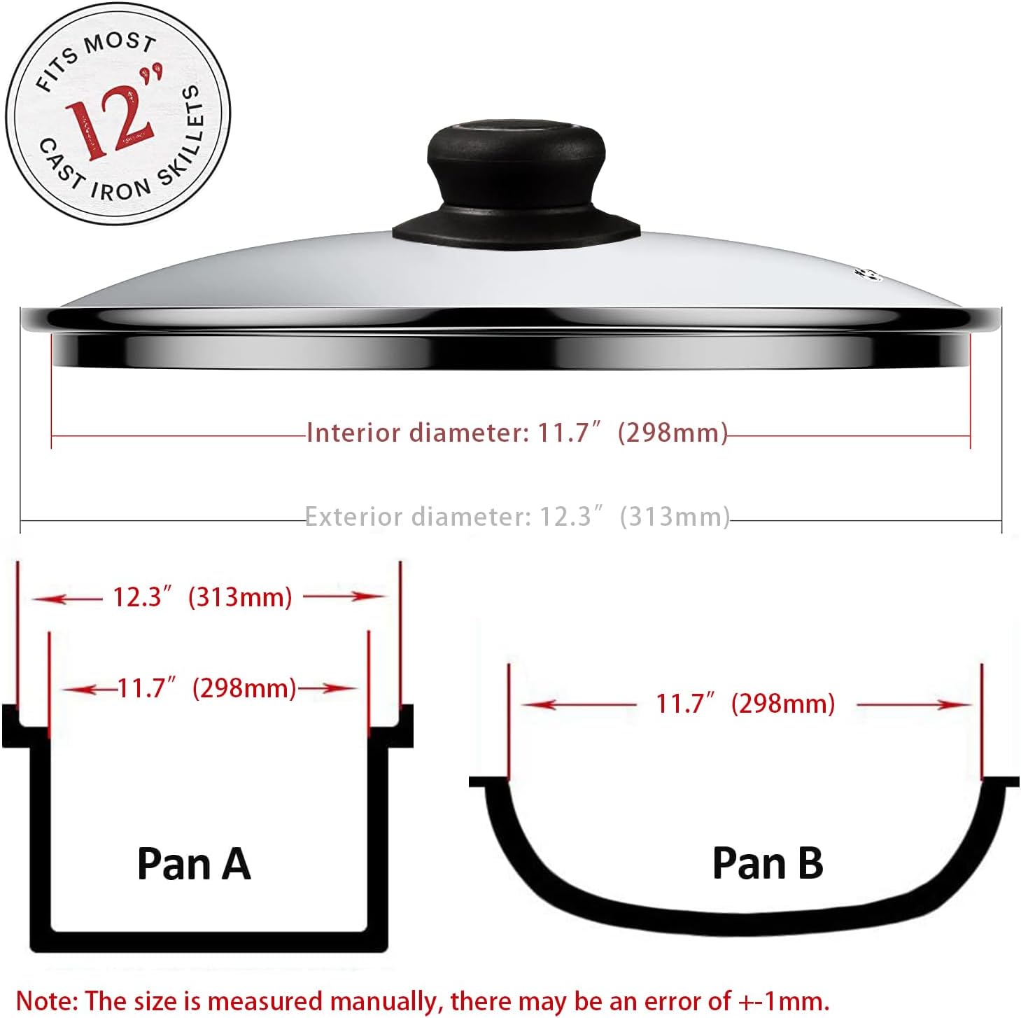 12 Inch Pan Lid - Glass Lids For Lodge 12" Cast Iron Skillet, Frying Pan, Wok, Pot Fry Pan And Dutch Ovens - Designed With Steam Vent Hole