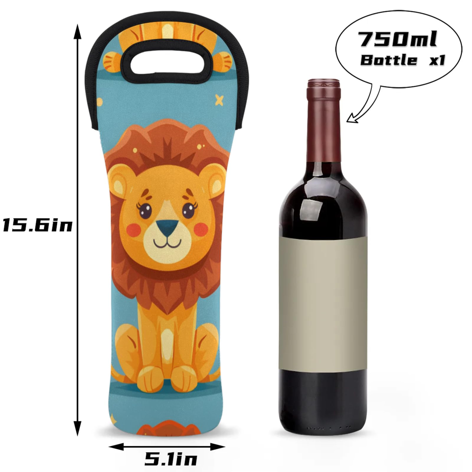 Neoprene Wine Tote Carrier Bag for Wine,Water, Champagne, Beer, Baby Bottles 15.6 x 5.1 Inches, Protective Wine Bag,Cartoon Tiger