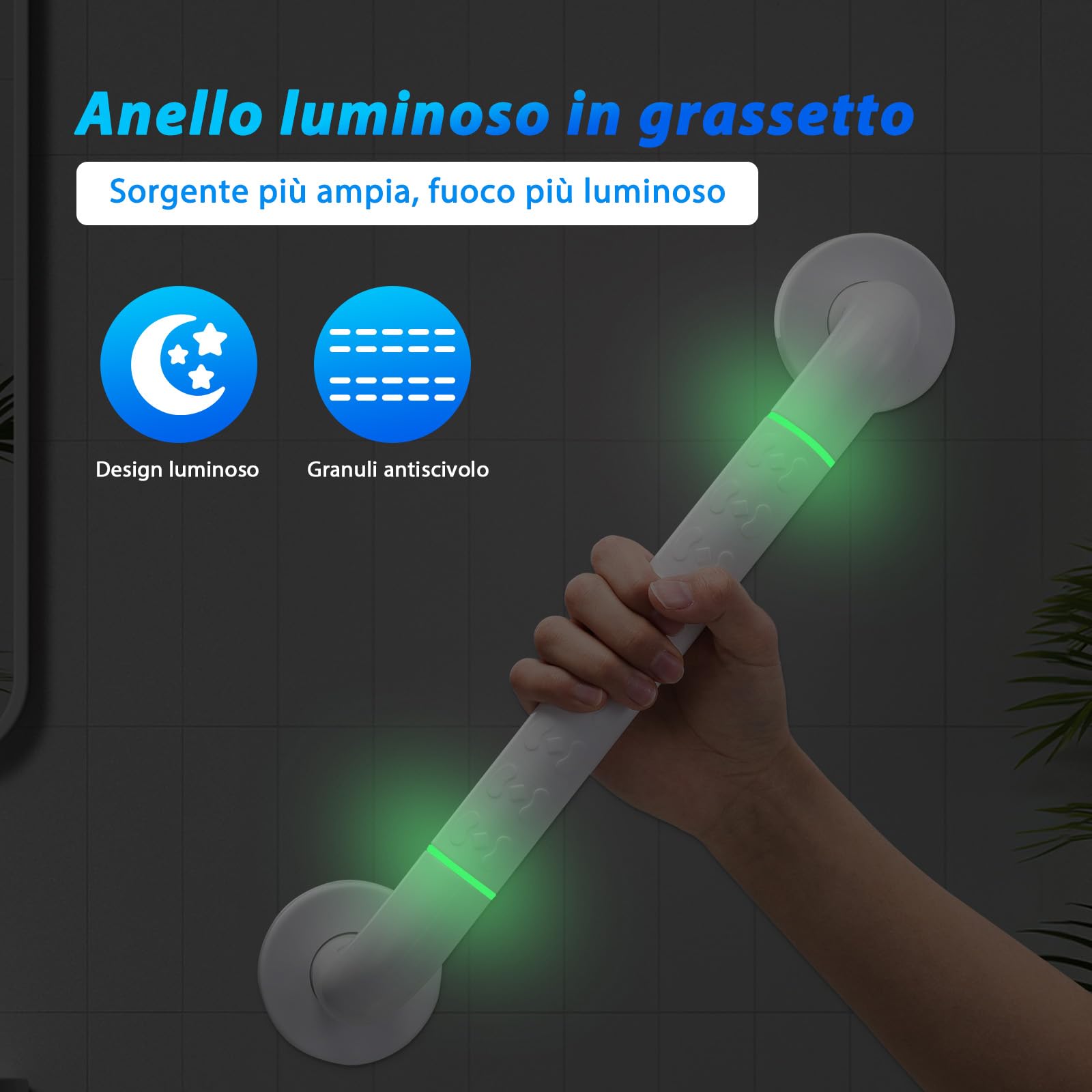 Fanwer 2 maniglioni per vasca con impugnatura antiscivolo e cerchi luminosi di sicurezza, maniglia da 40 cm in acciaio inossidabile per vasca, maniglia da parete per doccia con portasciugamani.