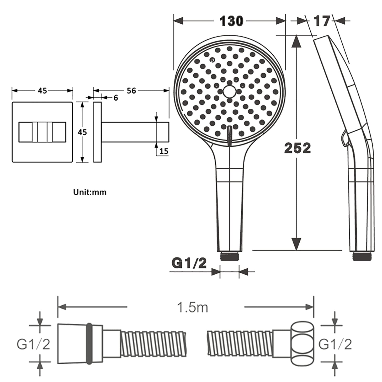 Soffione Doccia Cromo Bianco Doccetta per Doccia Universale ABS Telefoni Doccia Alta Pressione Doccetta per Vasca con Ottone Supporto Doccia, 1.5M PVC Tubo Doccia