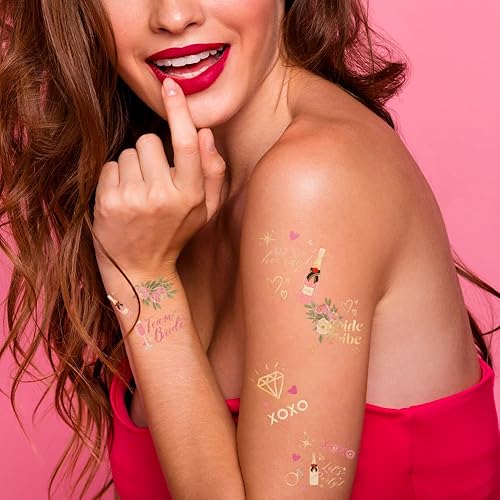 Flash Tattoos Chic BOUGIE BACHELORETTE tatuajes temporales 2 mini hojas con más de 60 tatuajes metálicos surtidos Despedida de soltera Regalo de