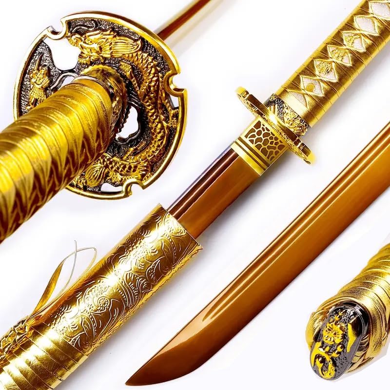 Miniatura 5 de Katana de dragón de oro hecha a mano de acero de alto carbono, espada samurái japonesa de espiga completa, espada realmente afilada lista