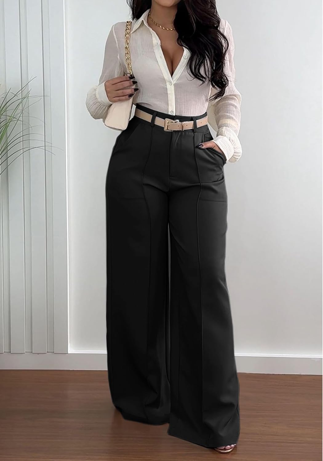 SHINFY Women Wide Leg Dress Pants High Waisted Slacks Pleated Business Casual Office Palazzo Work Pants Trousers - Image 3