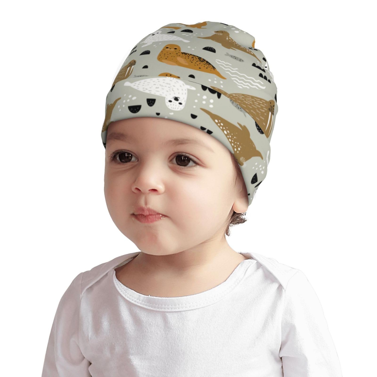 Rqzwdq Seal and Walrus Pattern Kids Beanie Hats Warm Knit Beanie Cap Skull Caps Gifts Decor for Boys Girls White