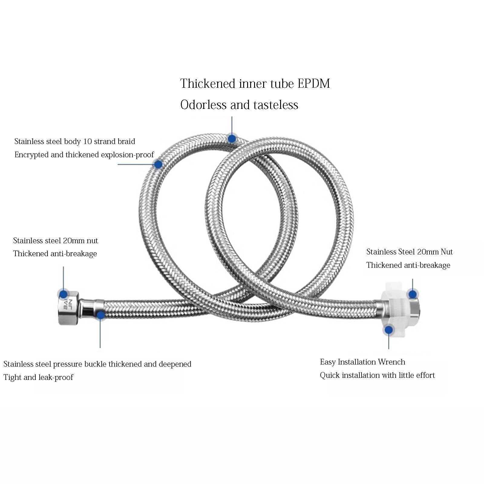 Lignes d'alimentation de robinet, connecteur de tuyau de robinet de salle de bain, ligne d'alimentation en eau tressée en acier inoxydable 304, filetage droit interne, calibre 20 mm (180 cm)