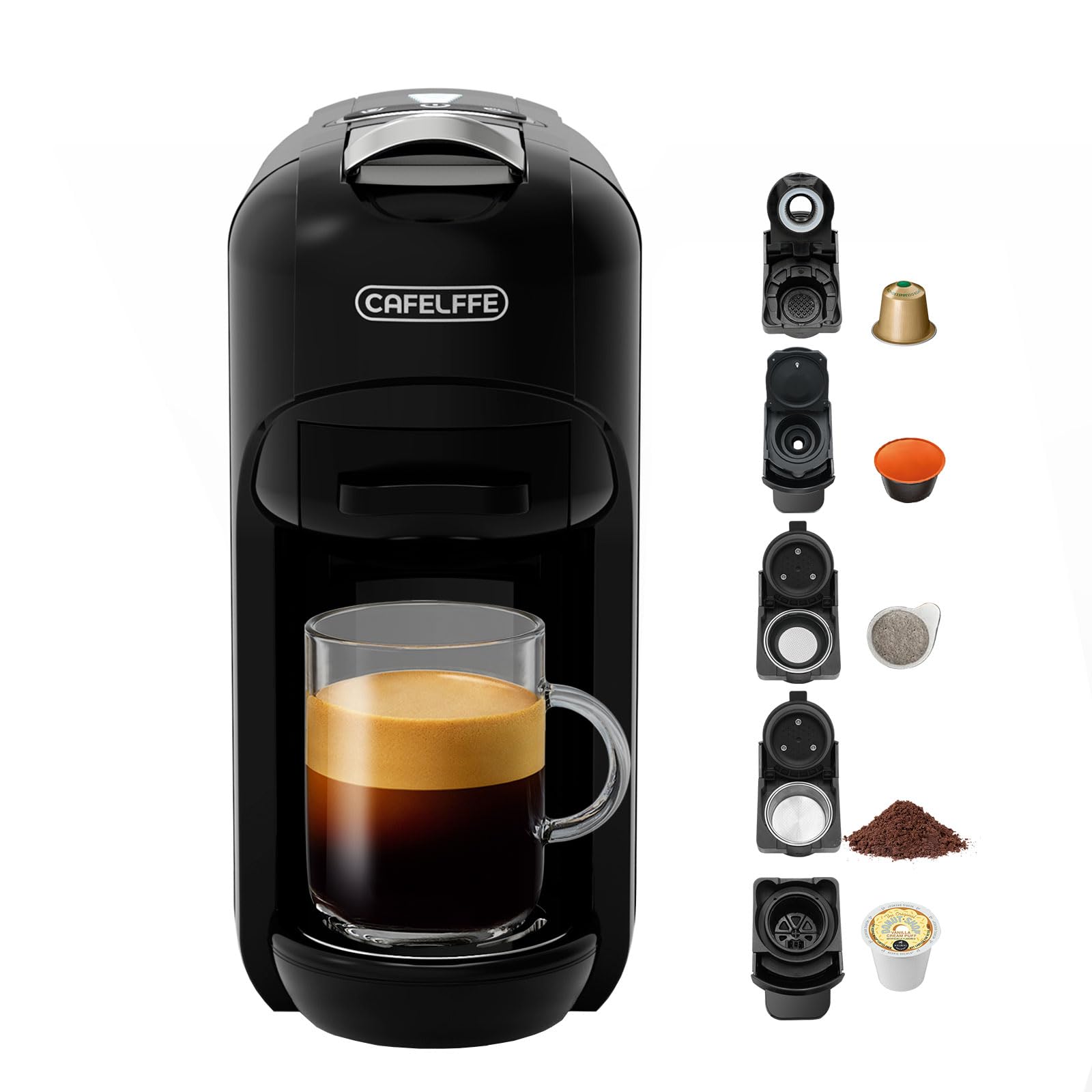 Cafelffe MK-606 - Máquina de café espresso 5 en 1 de cápsula única de 19 bares, compatible con K-Cup/Nes Original/DG/44 mm ESE Pods & fondo, 7 niveles de agua, para el hogar/la oficina, color negro