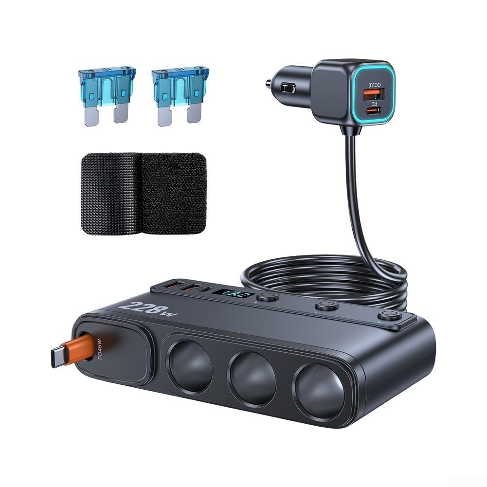 Chargeur de voiture répartiteur avec câble rétractable de 65 cm, adaptateur de charge rapide PD 45 W, double ports USB pour iPhone pour Samsung, distributeur d'alimentation de véhicule 12 V-24 V