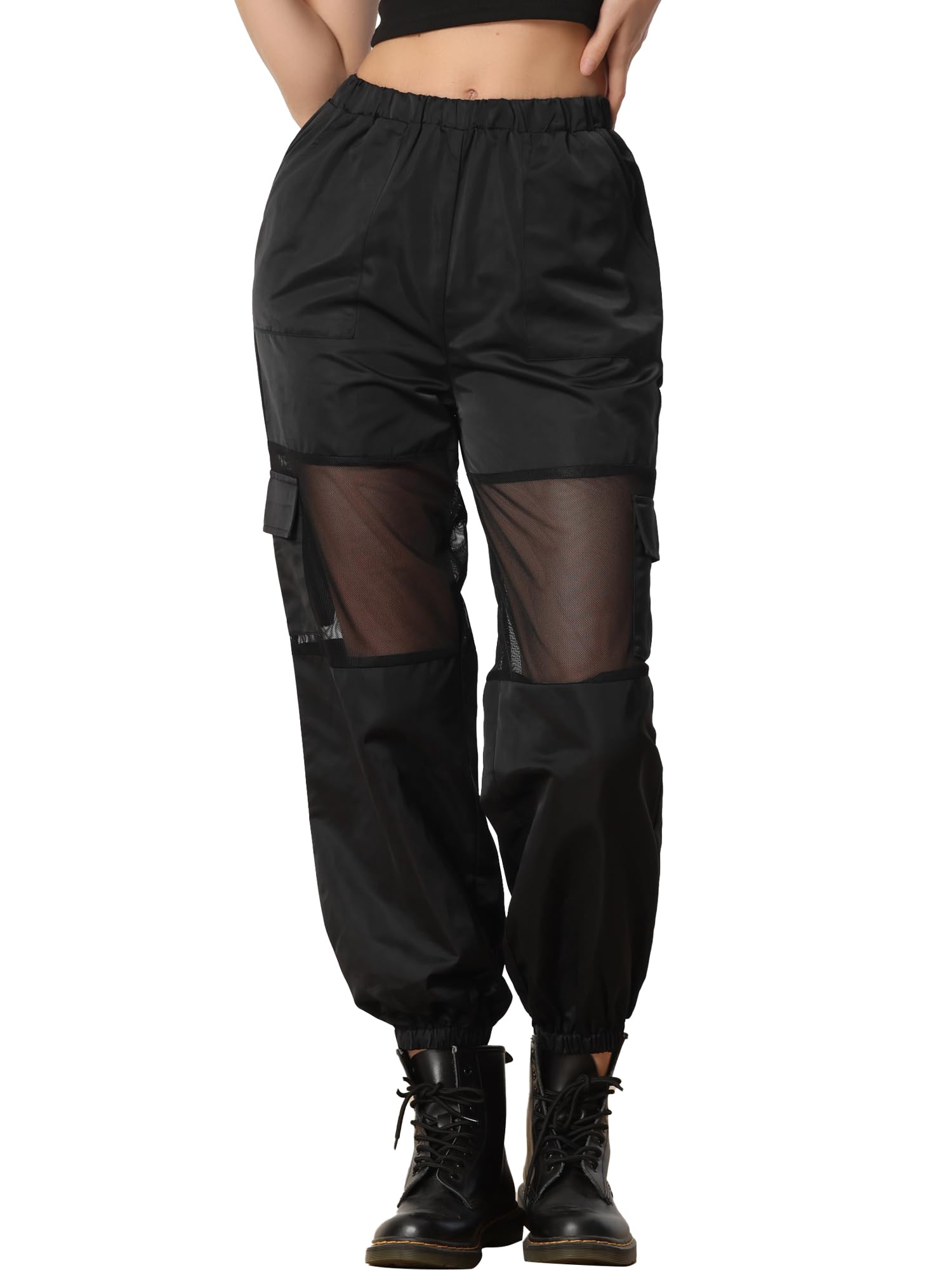Allegra K Cargo Pant for Womens High Waist Solid Sports Elastic Mesh Panel Sheer Baggy Pants