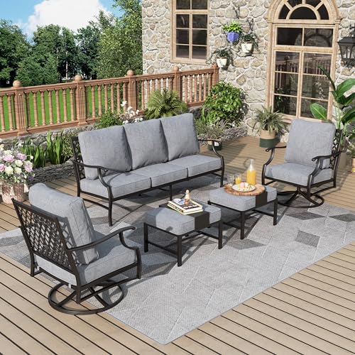 MIXPATIO Patio Furniture Set 5 pcs, Outdoor Patio Furniture, 3-Seat Sofa, 2 Swivel Chairs, 2 Ottomans and 5.75" Extra Thick Cushion, Patio Conversation Set for Garden Backyard Deck,Grey