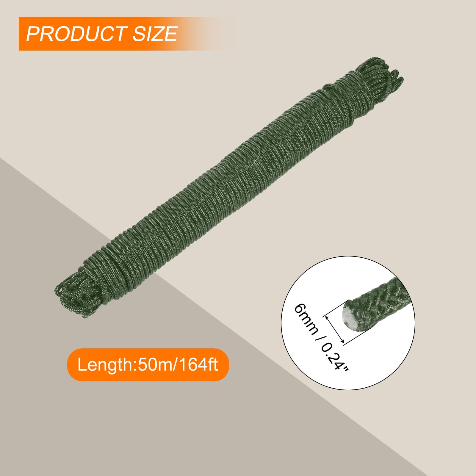 Rebower 1 Pcs Dark Green Nylon Rope 1/4"x164ft Solid Braided Cord Polypropylene Rope Utility Cord,[for Camping Tie Down - Image 2