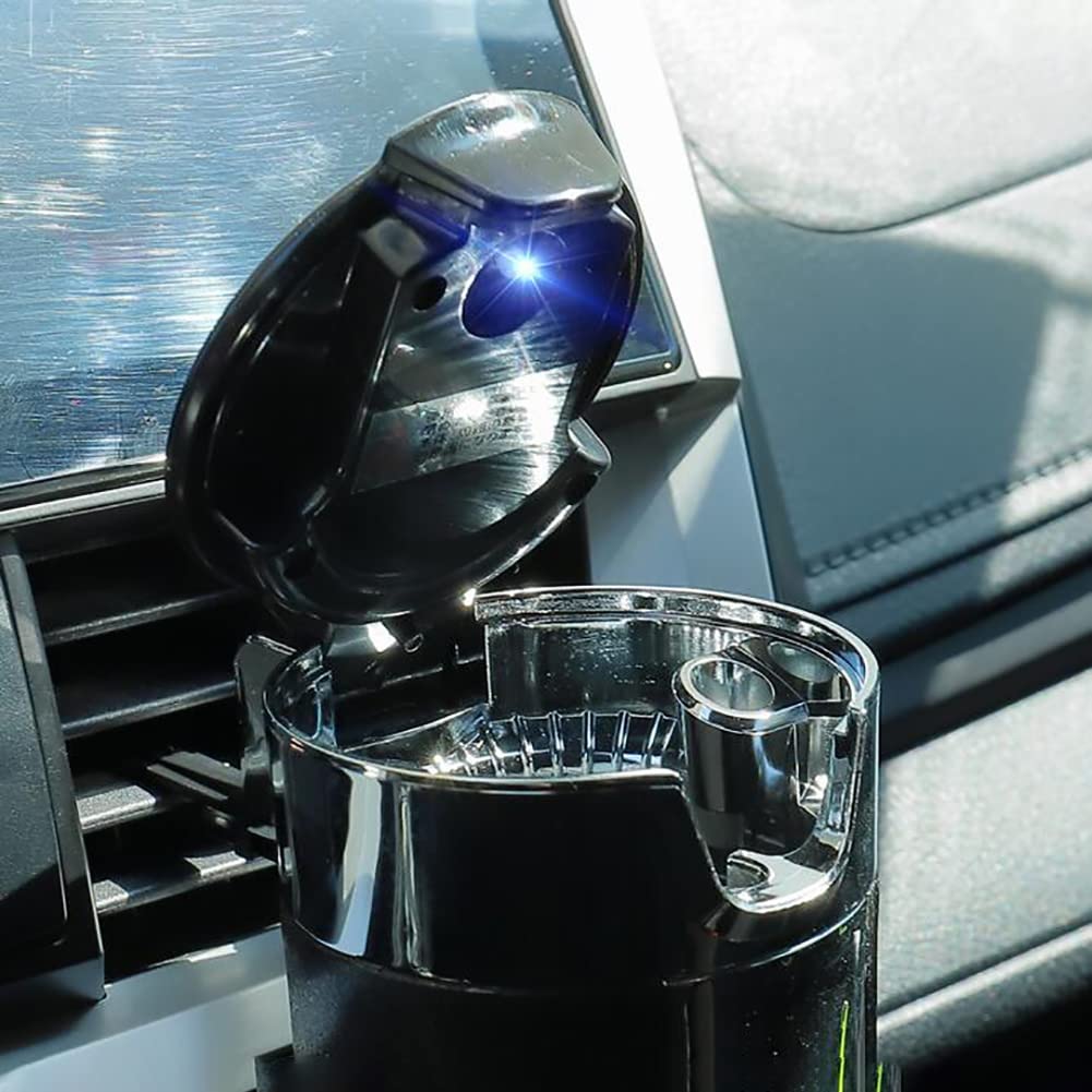 Portable Car Ashtray with Lid Smell Proof Air Vent Solar Powered Car Ashtray with Blue LED Light, windproof Ashtray Detachable Smokeless Ash Tray for Vehicles Home Office Outdoor Use, Black