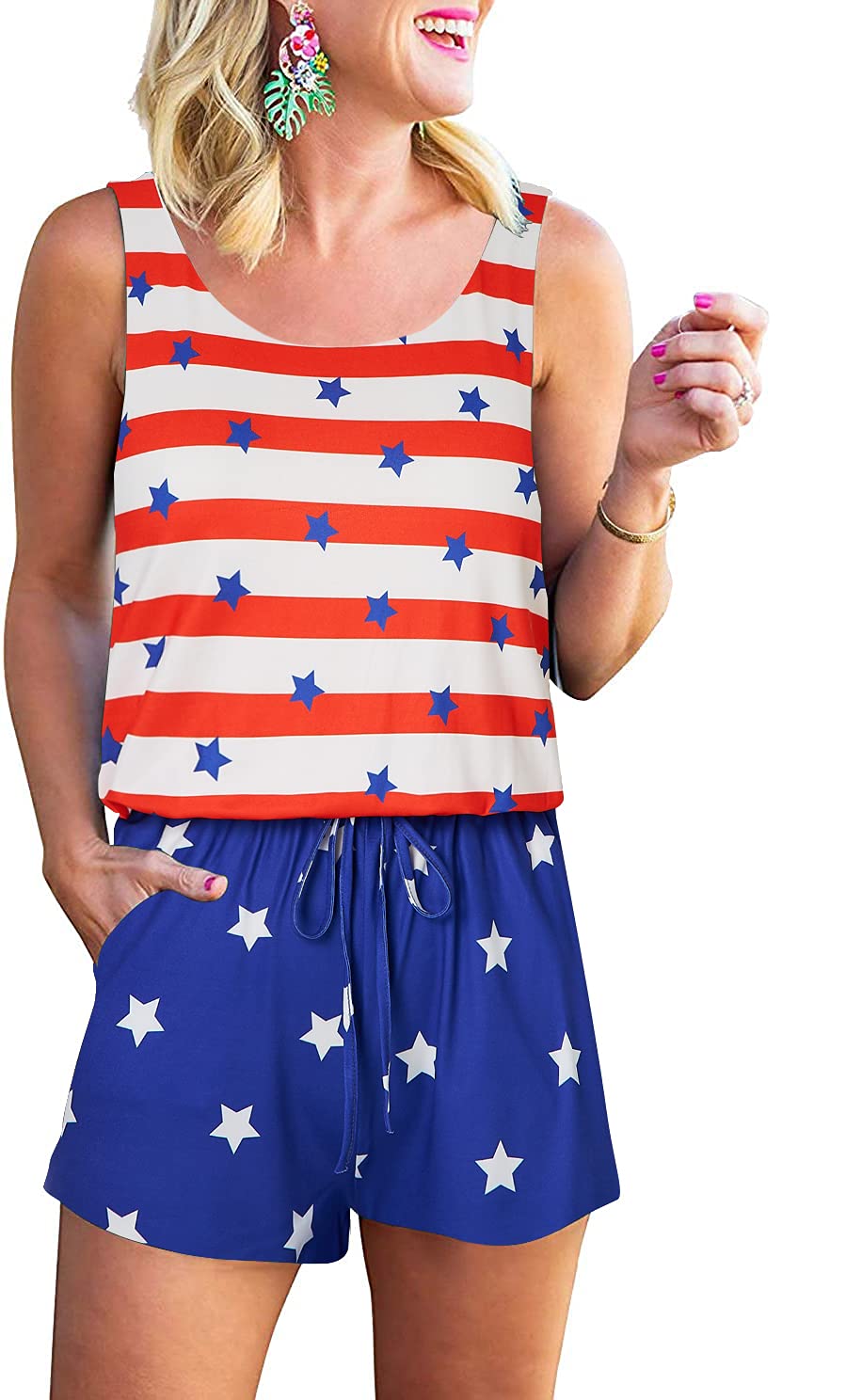 RAISEVERN Womens Rompers Summer Short Jumpsuits Casual Scoop Neck Sleeveless Romper with Pockets
