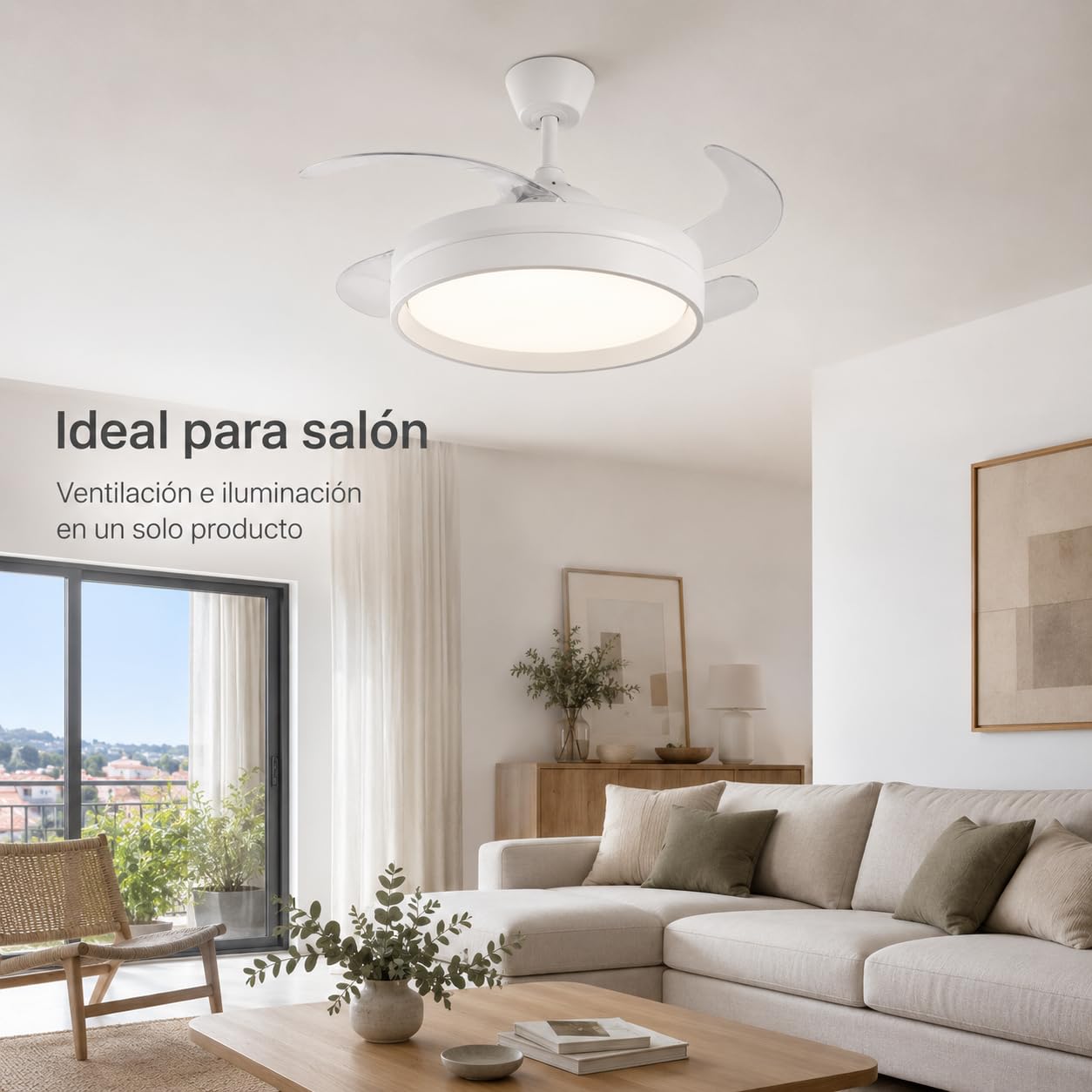 Ventilador de Techo con Luz LED 40W+40W Motor DC, 5900lm, Ultra Silencio 4 Aspas retráctiles, Mando a Distancia, 6 Velocidades, Temporizador 1/2/4H,3 Tonos 3500K/4000K/6500K, Función Verano/Invierno