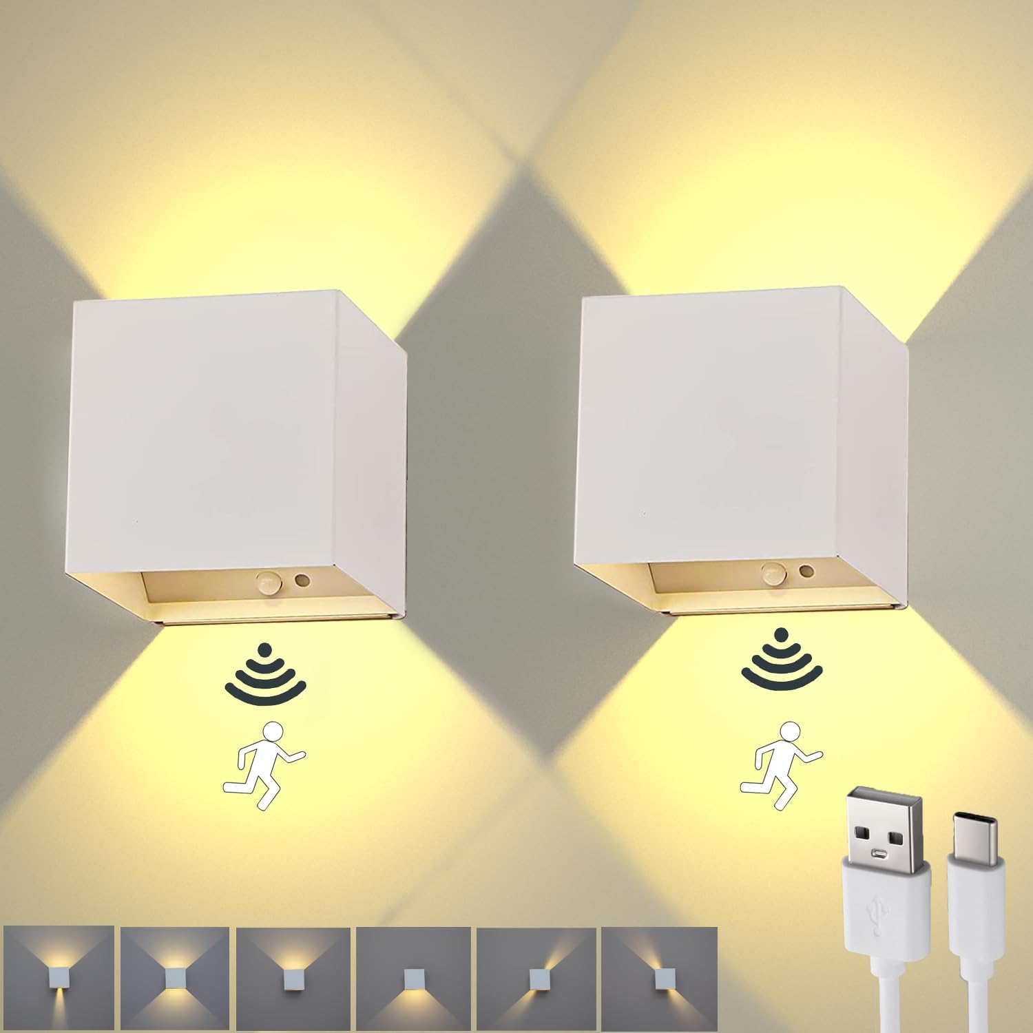 Battery Operated LED Wall Sconces Indoor Motion Sensor Wall Lights Set of 2 Rechargeable Wireless Magnetic Wall Lamp 6W 3000K Warm White Adjustable Beam Angle Night Light for Staircase Hallway