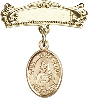 Gold Filled Baby Badge with St. Wenceslaus Charm and Arched Polished Badge Pin 7/8 X 3/4 inches