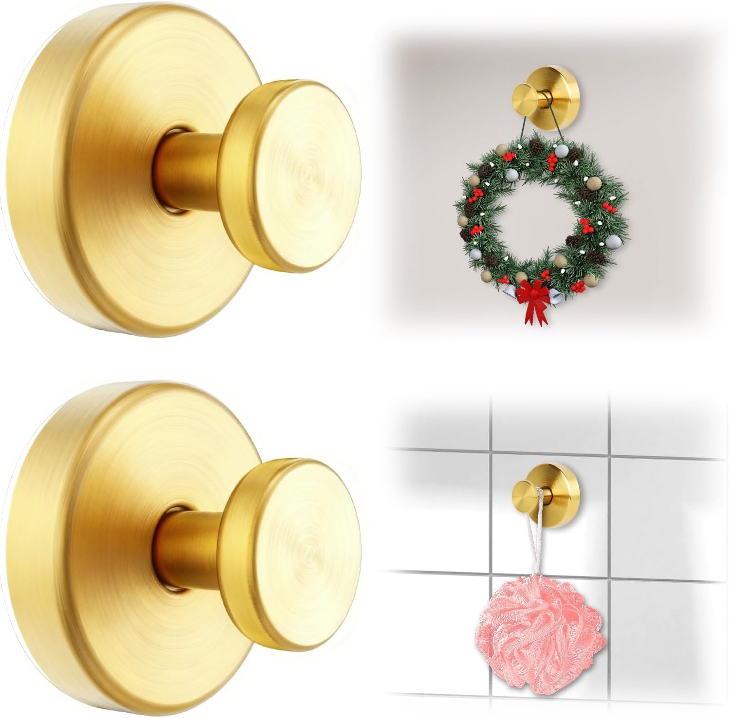 LUNIA Suction Cup Hooks, No Drill Bathroom Hooks, Waterproof Reusable Towel Hanger for Robe, Loofah, Mountable on Glass, Mirror, Tile & Smooth Non-Porous Surfaces - 2 Pack Gold JL