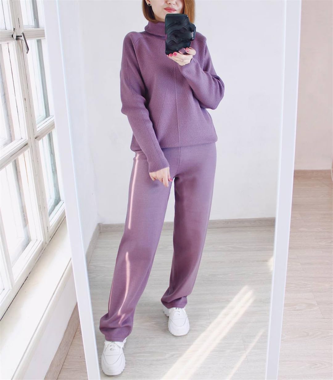 Tuta da Donna in Maglia A Due Pezzi Autunno Inverno Caldo Maglione A Collo Alto Set Moda Casual Pantalone da Donna